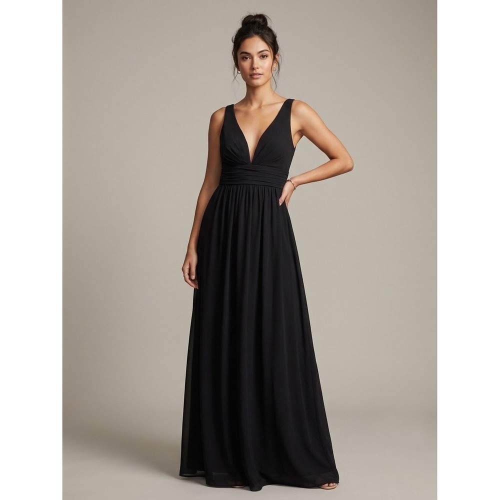 Lulus Black Chiffon V Neck Pleated Empire Waist Maxi Dress Sleeveless M
